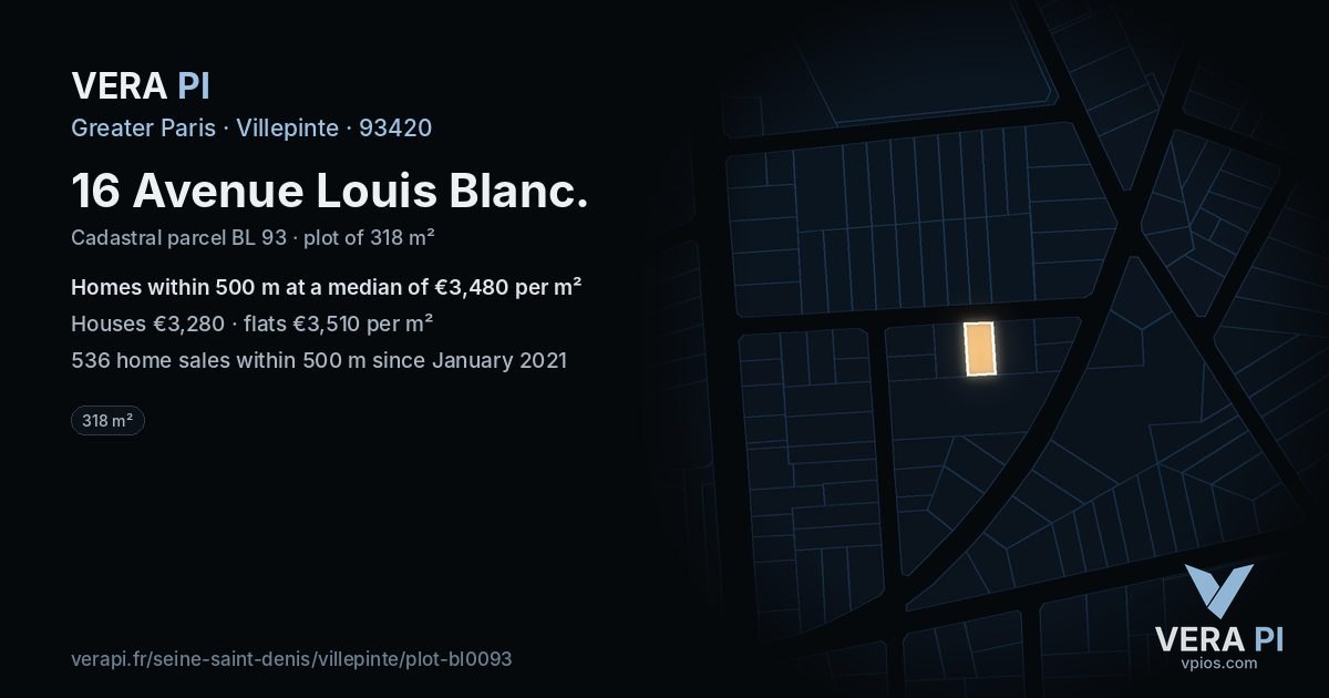 16 Avenue Louis Blanc, Villepinte at night – the plot lit, the parcels around coloured by the prices near them