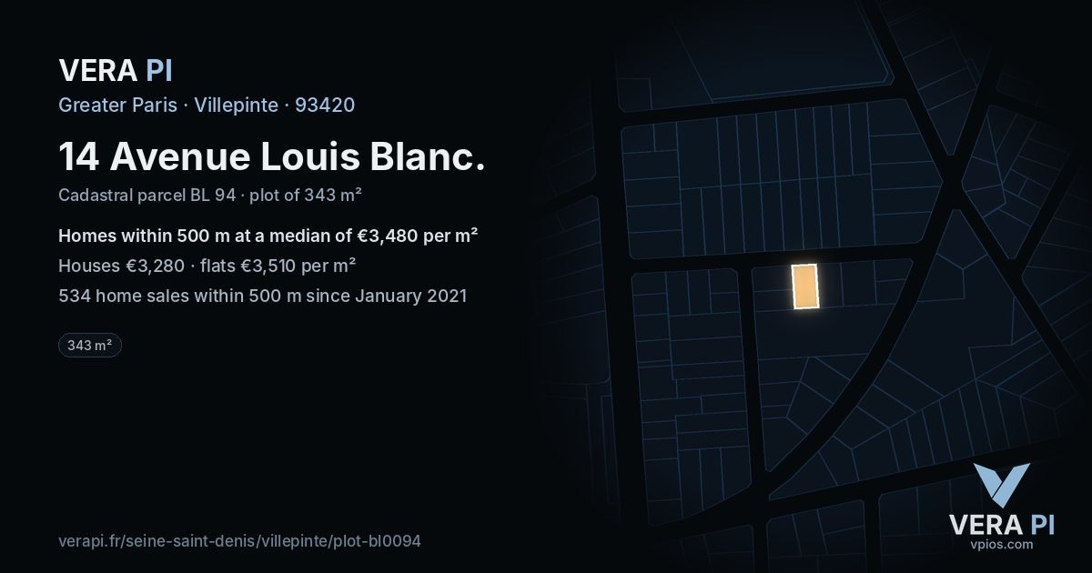 14 Avenue Louis Blanc, Villepinte at night – the plot lit, the parcels around coloured by the prices near them