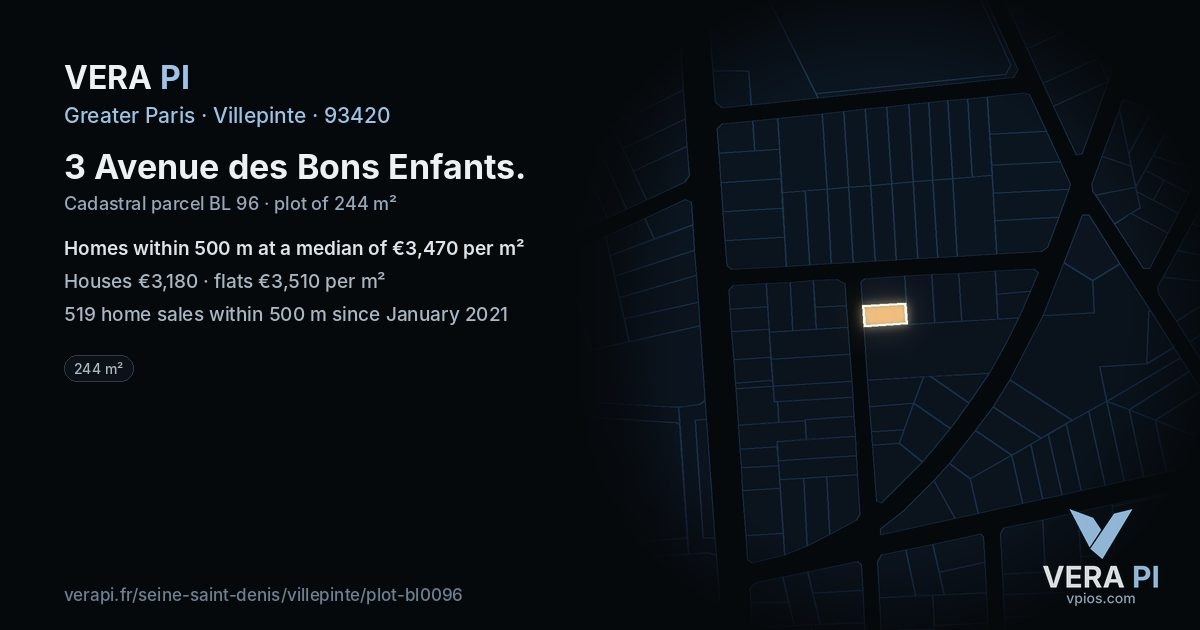 3 Avenue des Bons Enfants, Villepinte at night – the plot lit, the parcels around coloured by the prices near them