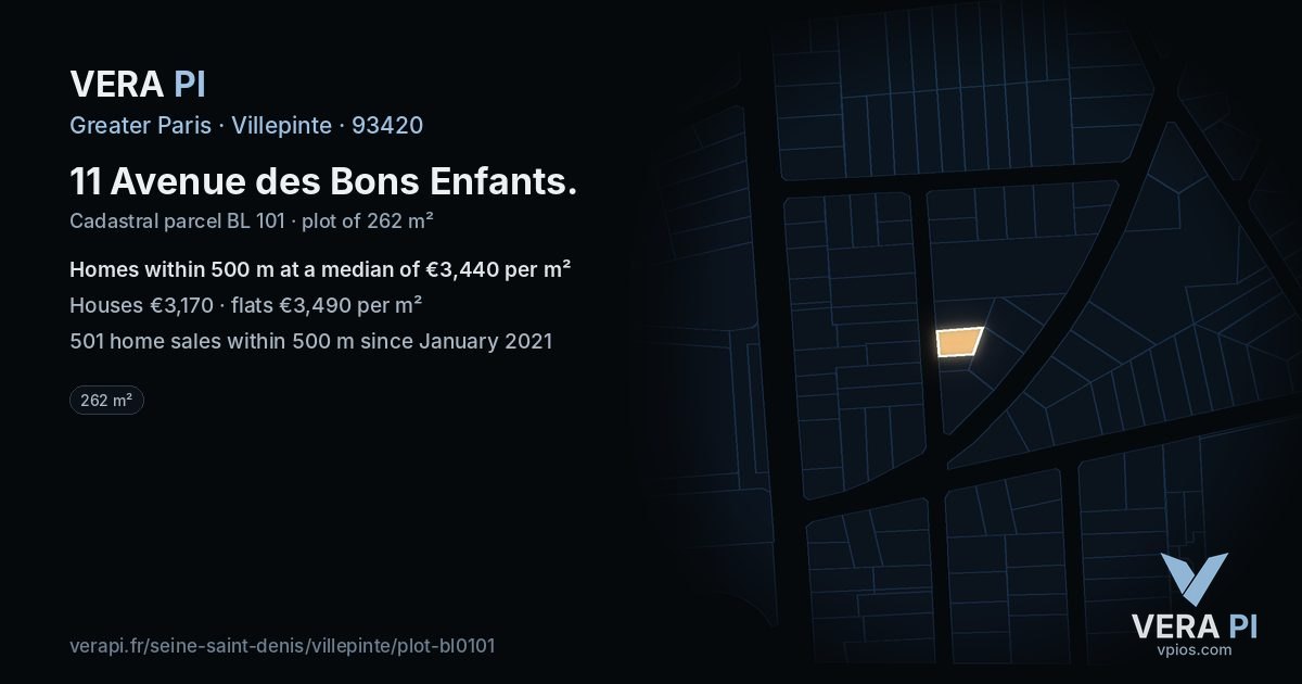 11 Avenue des Bons Enfants, Villepinte at night – the plot lit, the parcels around coloured by the prices near them
