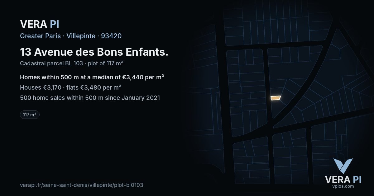 13 Avenue des Bons Enfants, Villepinte at night – the plot lit, the parcels around coloured by the prices near them