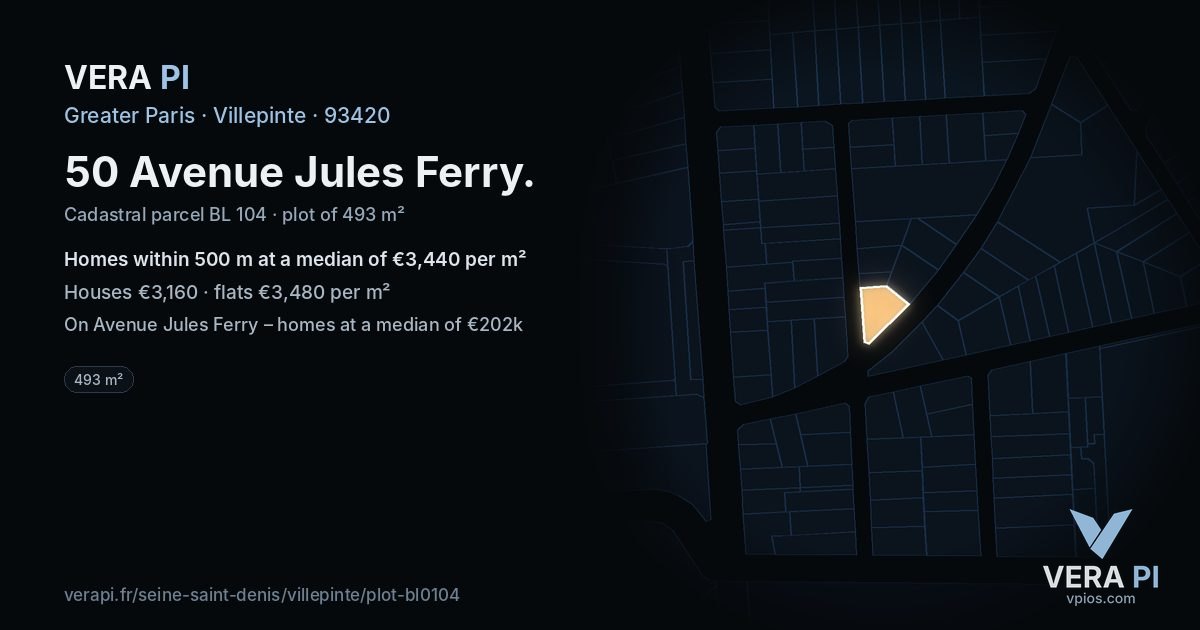 50 Avenue Jules Ferry, Villepinte at night – the plot lit, the parcels around coloured by the prices near them