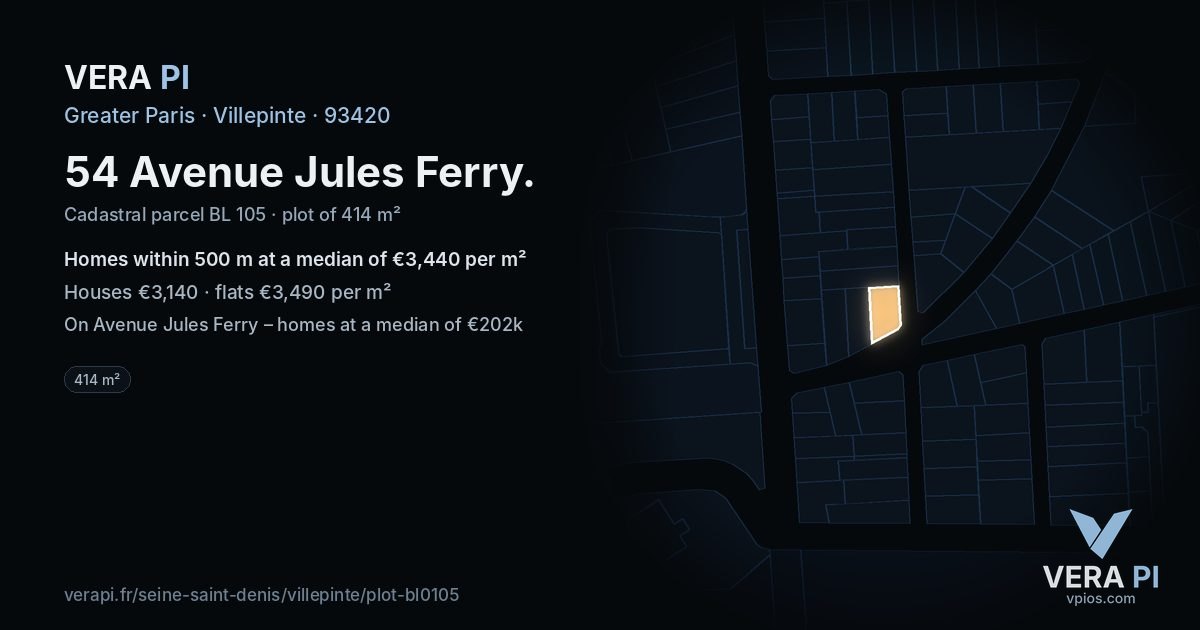 54 Avenue Jules Ferry, Villepinte at night – the plot lit, the parcels around coloured by the prices near them