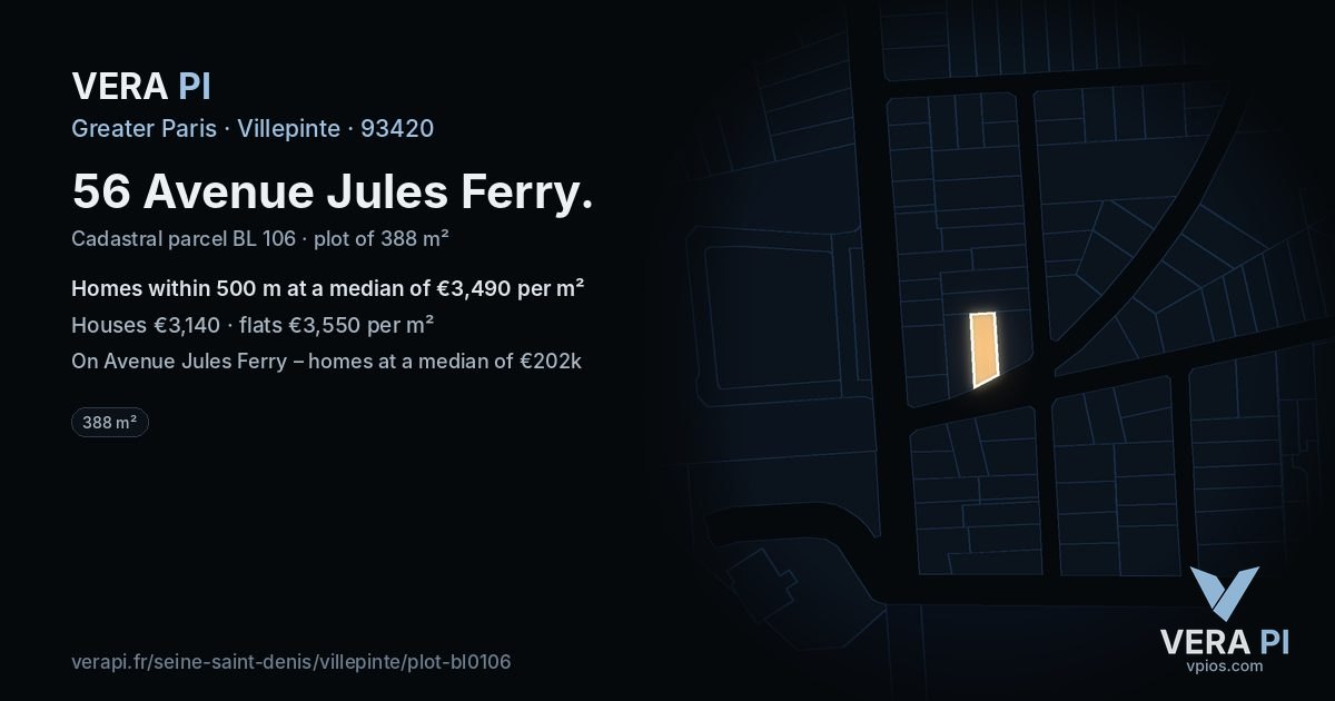 56 Avenue Jules Ferry, Villepinte at night – the plot lit, the parcels around coloured by the prices near them