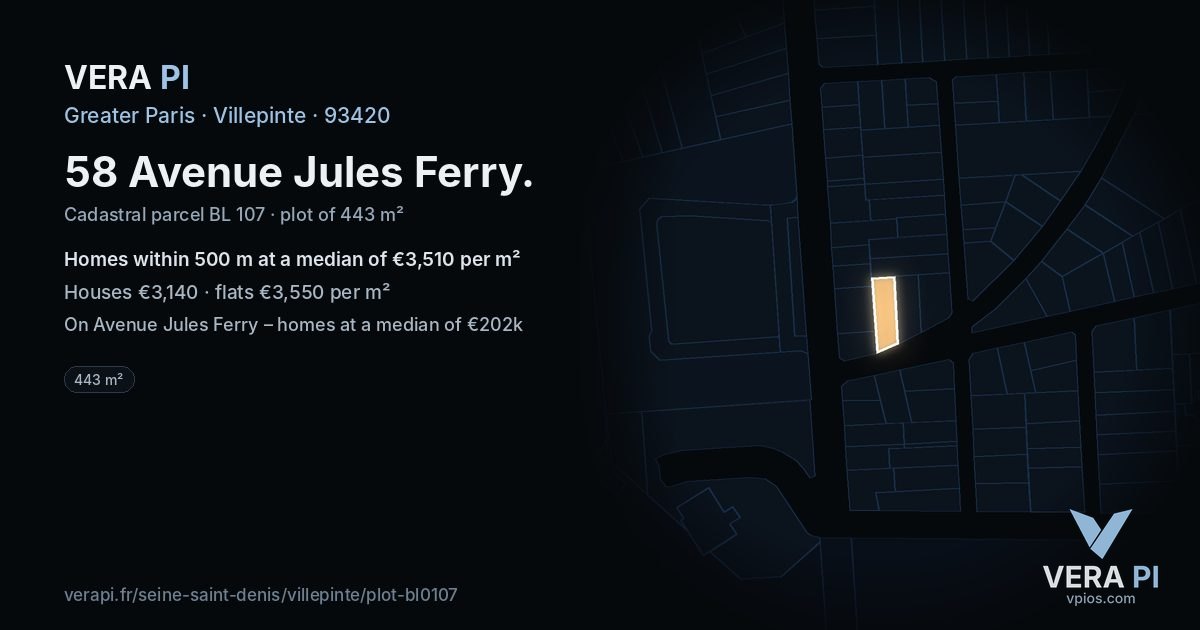 58 Avenue Jules Ferry, Villepinte at night – the plot lit, the parcels around coloured by the prices near them