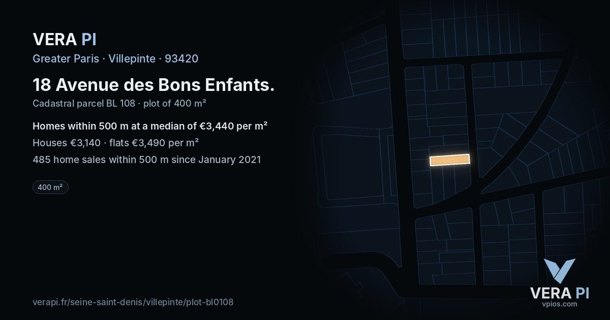 18 Avenue des Bons Enfants, Villepinte at night – the plot lit, the parcels around coloured by the prices near them