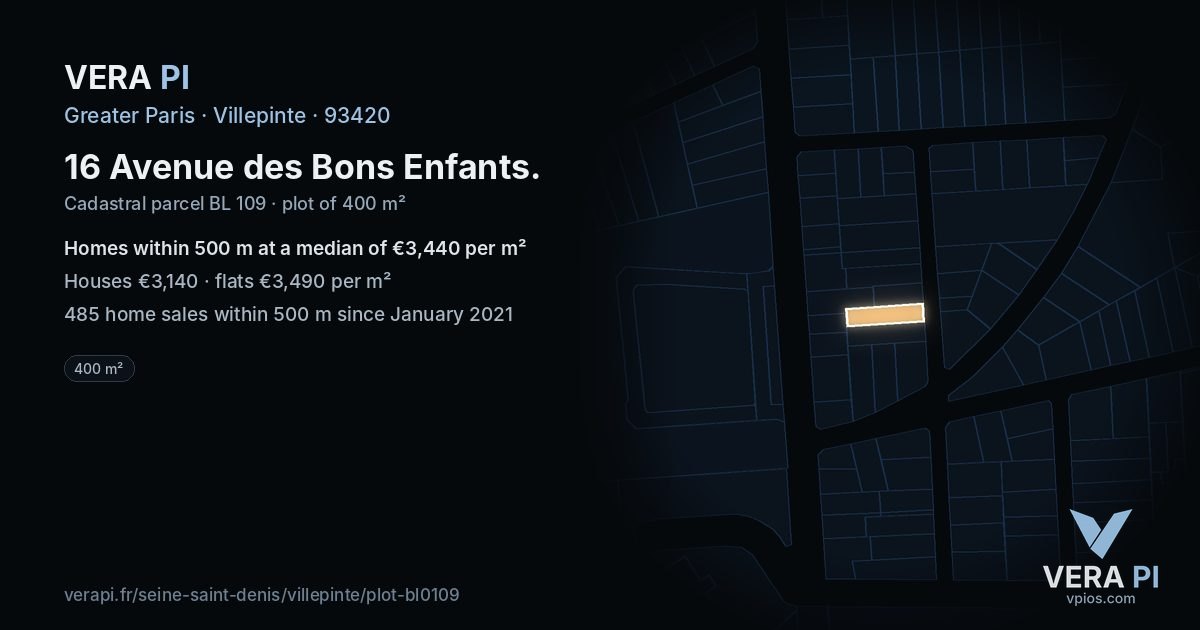 16 Avenue des Bons Enfants, Villepinte at night – the plot lit, the parcels around coloured by the prices near them
