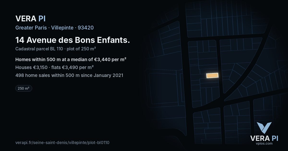 14 Avenue des Bons Enfants, Villepinte at night – the plot lit, the parcels around coloured by the prices near them