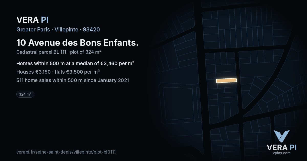 10 Avenue des Bons Enfants, Villepinte at night – the plot lit, the parcels around coloured by the prices near them