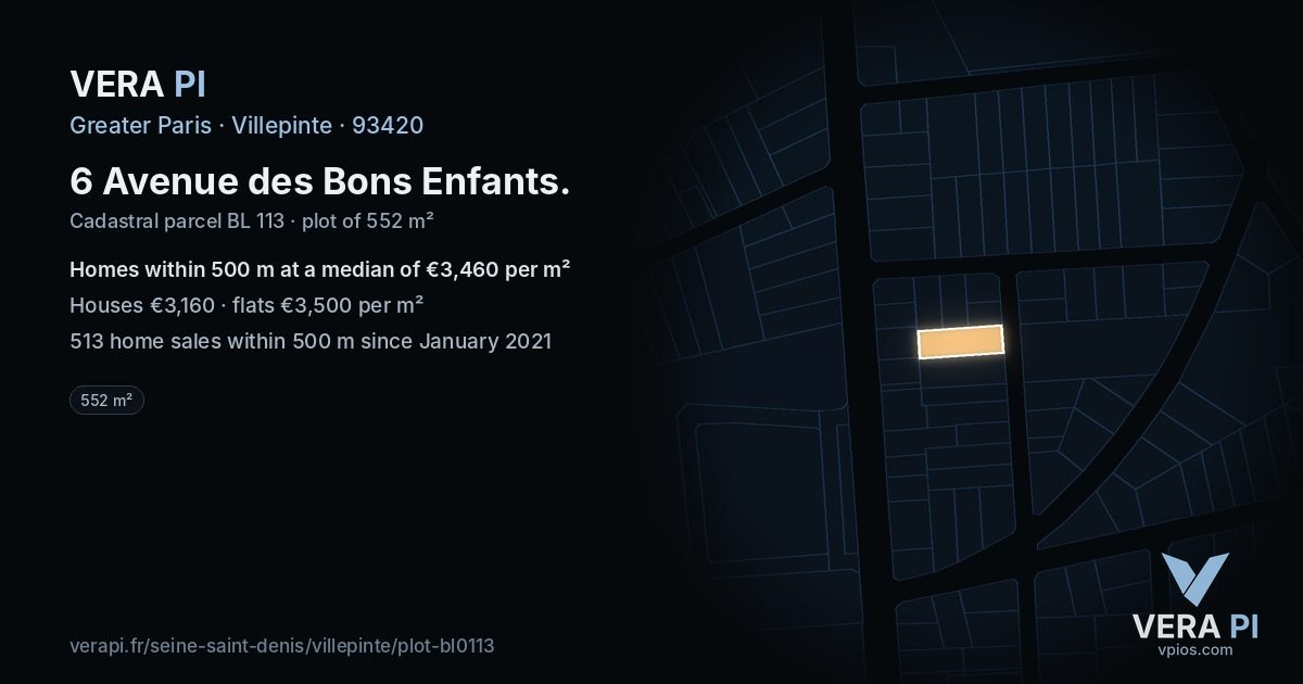 6 Avenue des Bons Enfants, Villepinte at night – the plot lit, the parcels around coloured by the prices near them