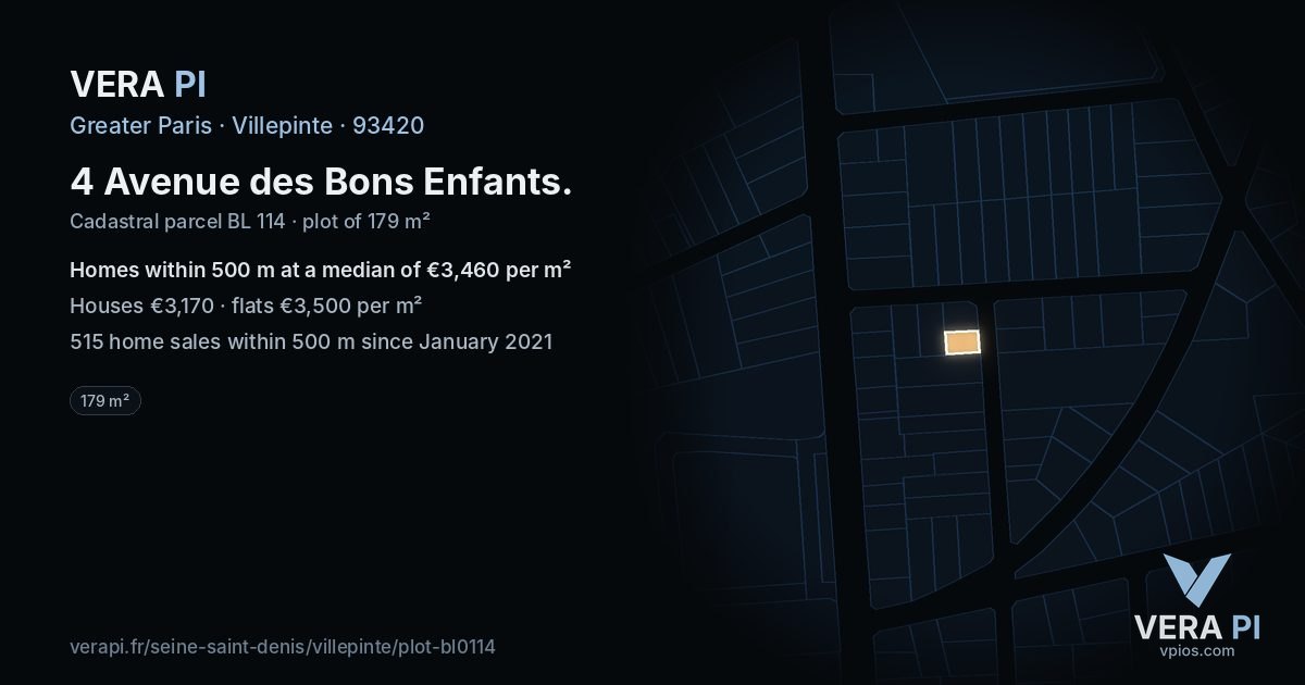 4 Avenue des Bons Enfants, Villepinte at night – the plot lit, the parcels around coloured by the prices near them