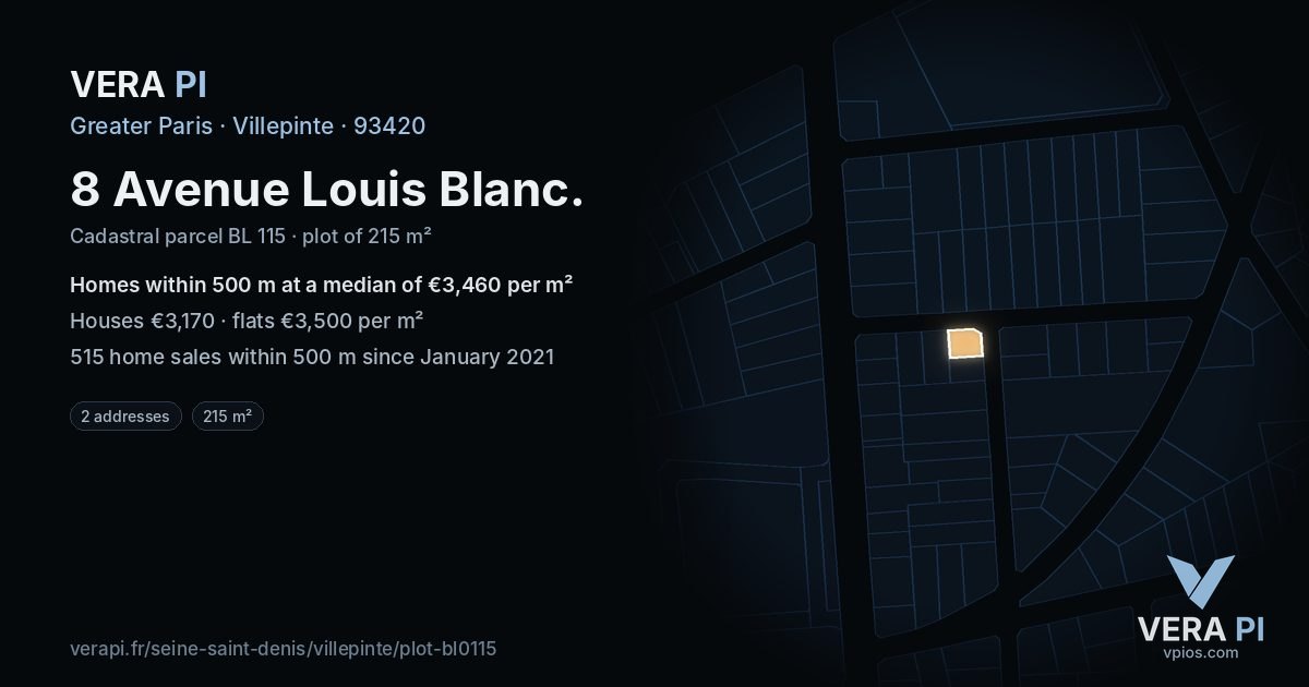8 Avenue Louis Blanc, Villepinte at night – the plot lit, the parcels around coloured by the prices near them