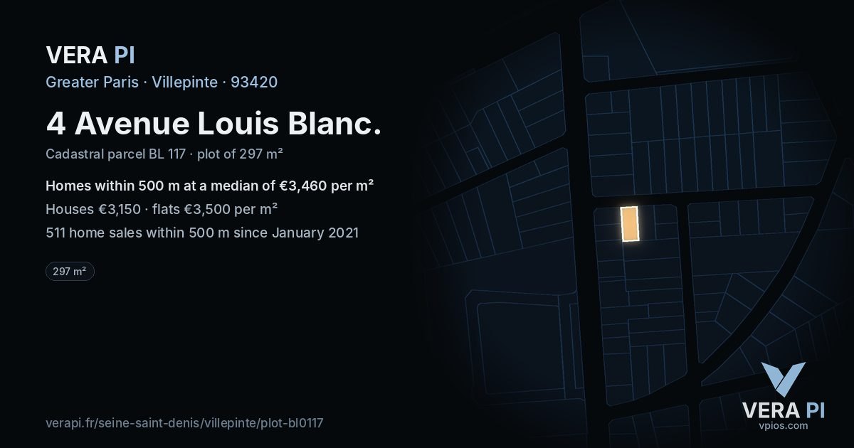 4 Avenue Louis Blanc, Villepinte at night – the plot lit, the parcels around coloured by the prices near them