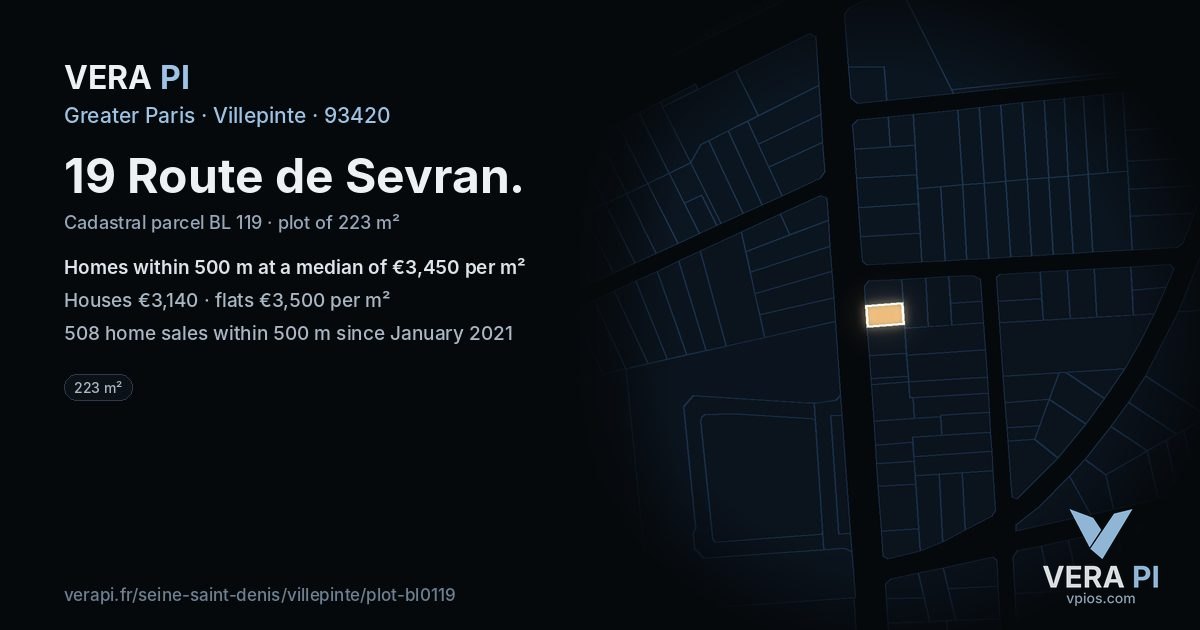 19 Route de Sevran, Villepinte at night – the plot lit, the parcels around coloured by the prices near them
