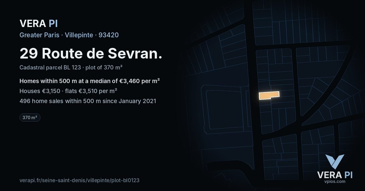 29 Route de Sevran, Villepinte at night – the plot lit, the parcels around coloured by the prices near them