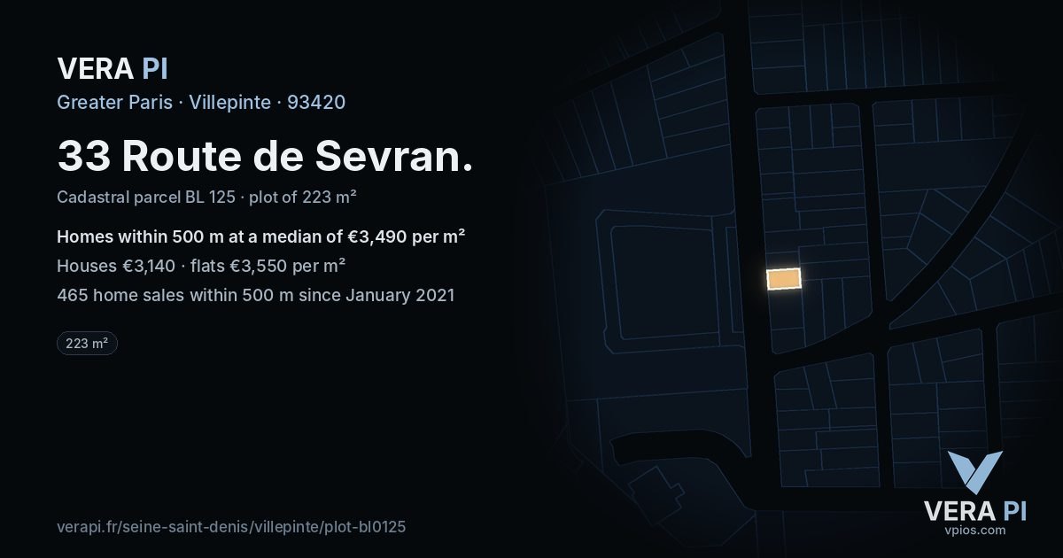 33 Route de Sevran, Villepinte at night – the plot lit, the parcels around coloured by the prices near them
