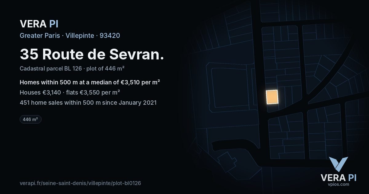 35 Route de Sevran, Villepinte at night – the plot lit, the parcels around coloured by the prices near them