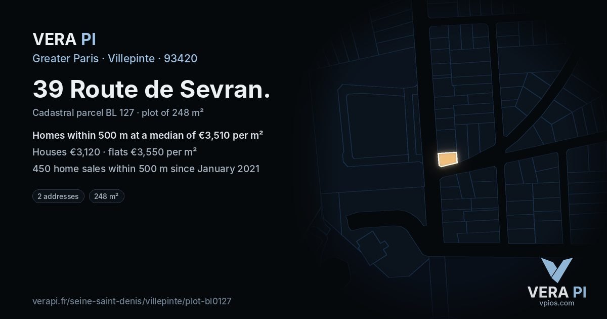 39 Route de Sevran, Villepinte at night – the plot lit, the parcels around coloured by the prices near them