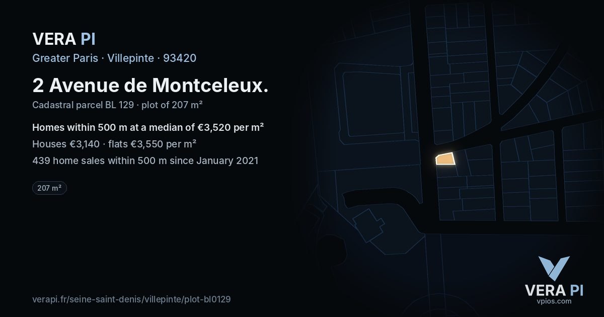 2 Avenue de Montceleux, Villepinte at night – the plot lit, the parcels around coloured by the prices near them