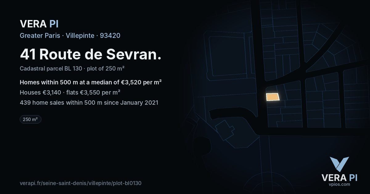 41 Route de Sevran, Villepinte at night – the plot lit, the parcels around coloured by the prices near them