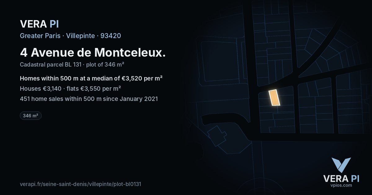 4 Avenue de Montceleux, Villepinte at night – the plot lit, the parcels around coloured by the prices near them