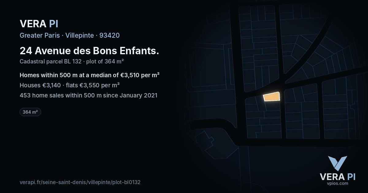24 Avenue des Bons Enfants, Villepinte at night – the plot lit, the parcels around coloured by the prices near them
