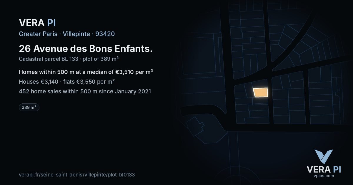 26 Avenue des Bons Enfants, Villepinte at night – the plot lit, the parcels around coloured by the prices near them