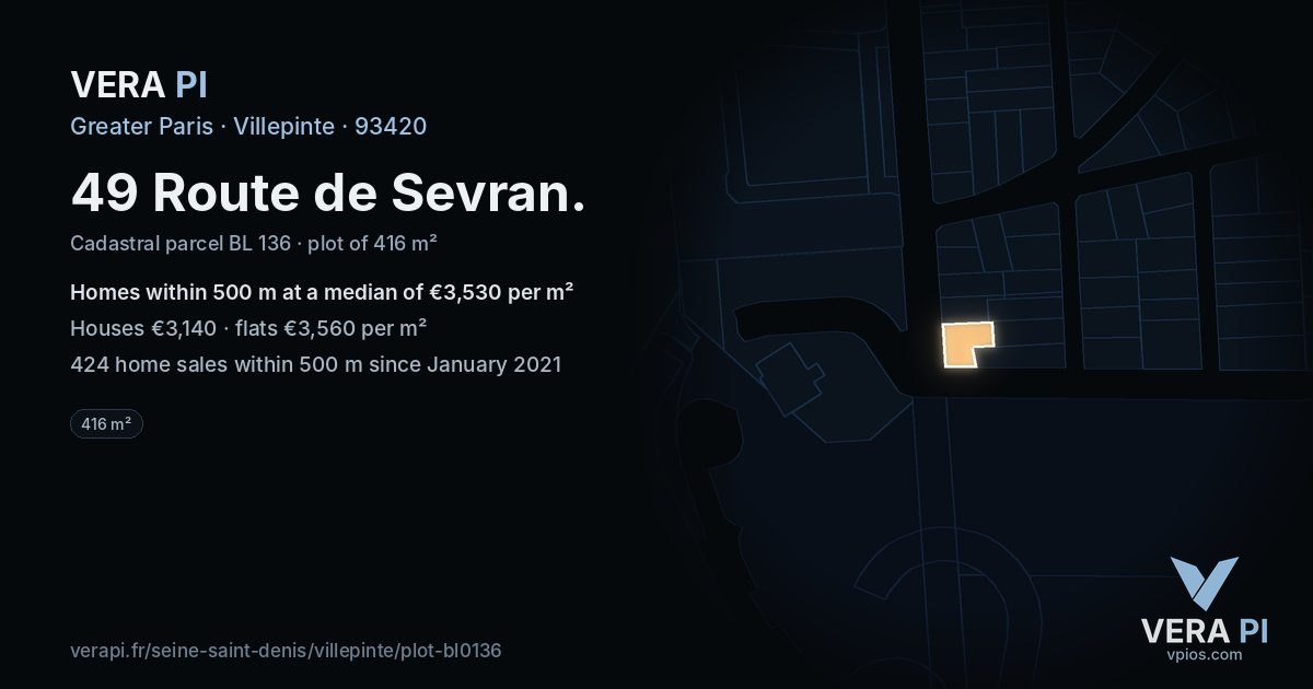 49 Route de Sevran, Villepinte at night – the plot lit, the parcels around coloured by the prices near them
