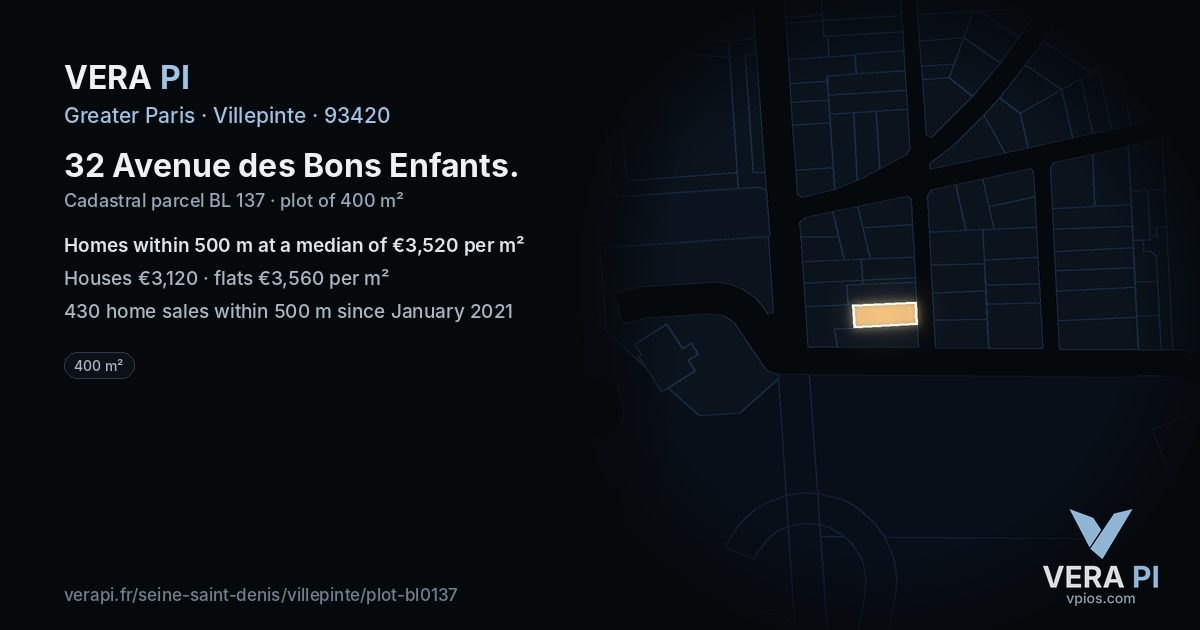 32 Avenue des Bons Enfants, Villepinte at night – the plot lit, the parcels around coloured by the prices near them