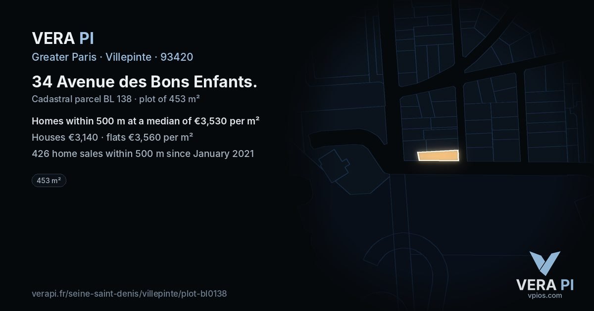34 Avenue des Bons Enfants, Villepinte at night – the plot lit, the parcels around coloured by the prices near them