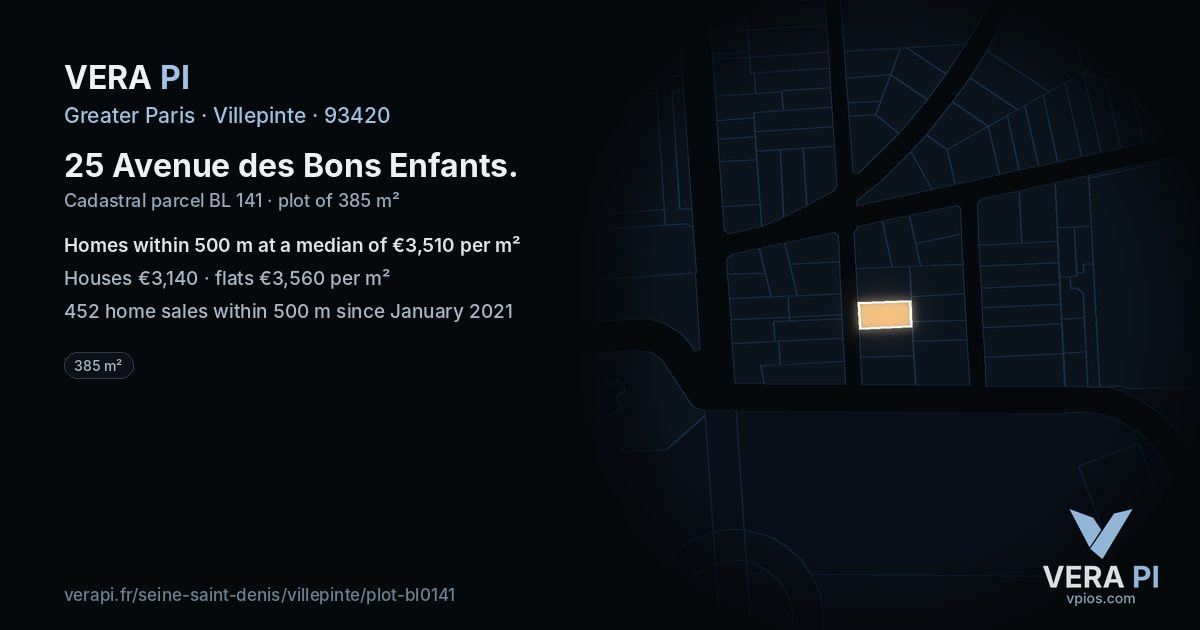 25 Avenue des Bons Enfants, Villepinte at night – the plot lit, the parcels around coloured by the prices near them