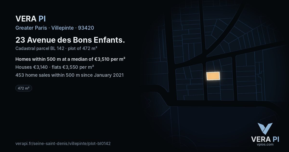 23 Avenue des Bons Enfants, Villepinte at night – the plot lit, the parcels around coloured by the prices near them