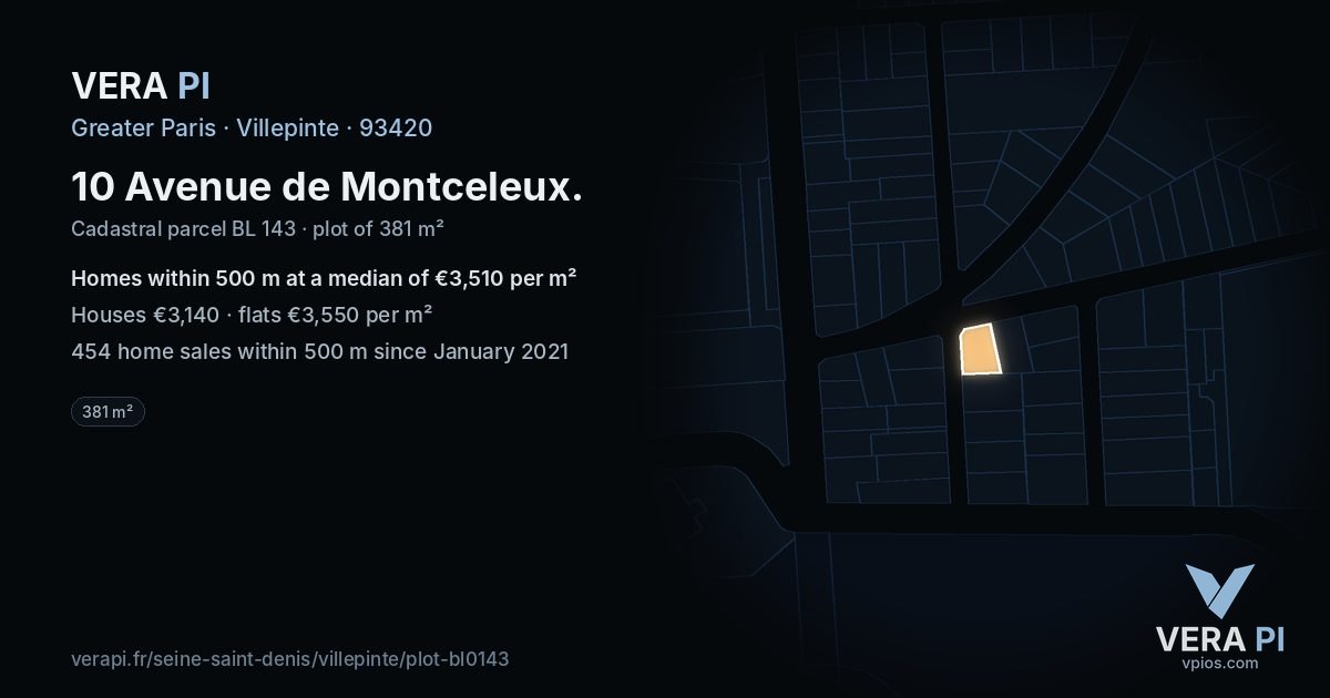 10 Avenue de Montceleux, Villepinte at night – the plot lit, the parcels around coloured by the prices near them