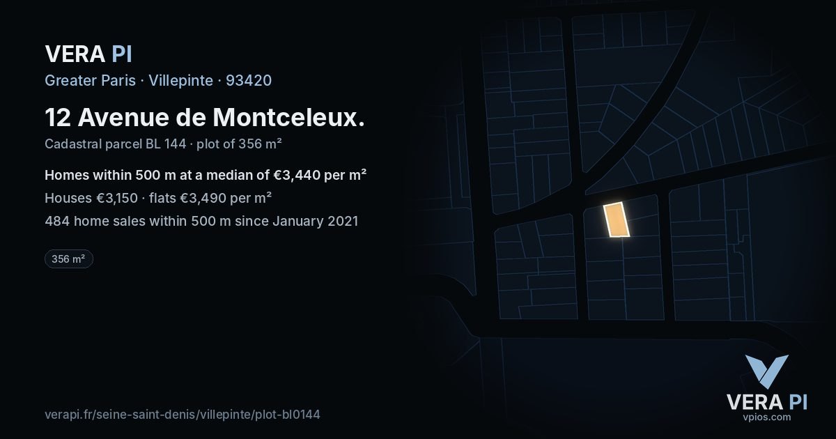 12 Avenue de Montceleux, Villepinte at night – the plot lit, the parcels around coloured by the prices near them