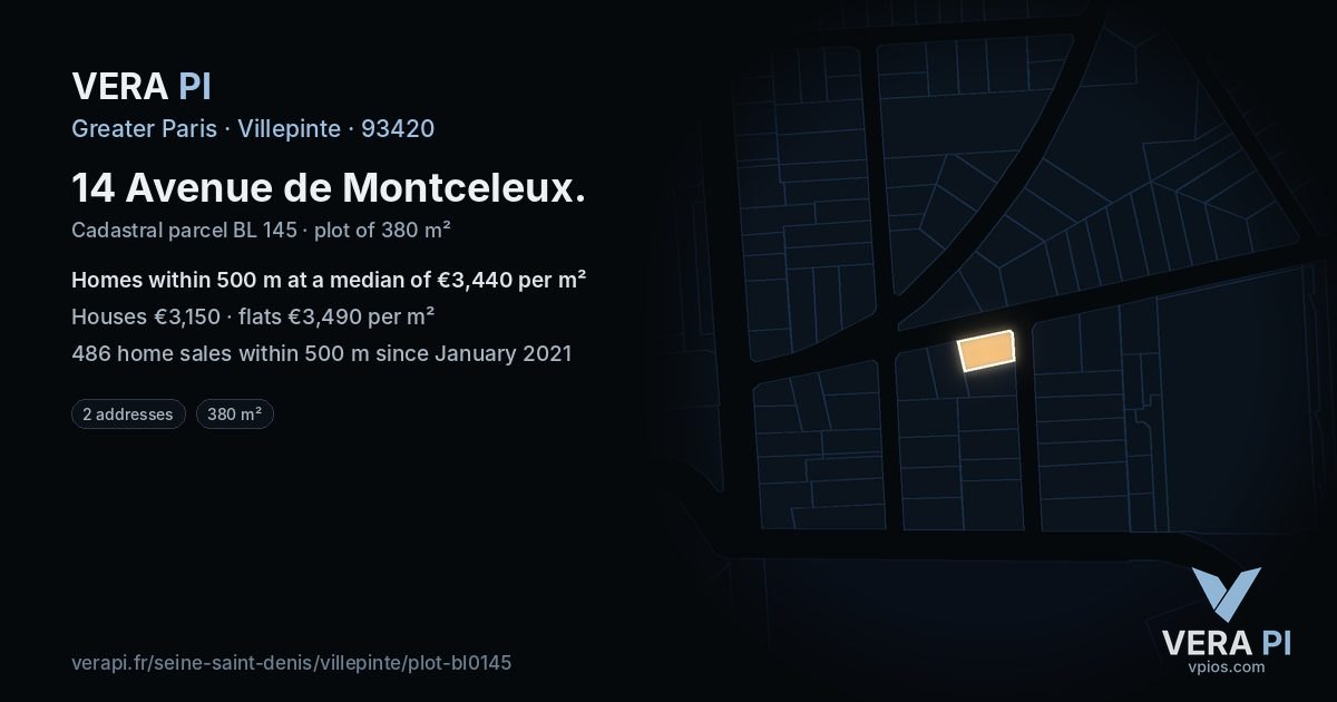 14 Avenue de Montceleux, Villepinte at night – the plot lit, the parcels around coloured by the prices near them