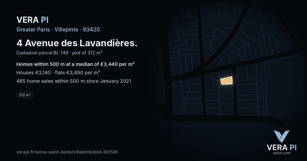 4 Avenue des Lavandières, Villepinte at night – the plot lit, the parcels around coloured by the prices near them