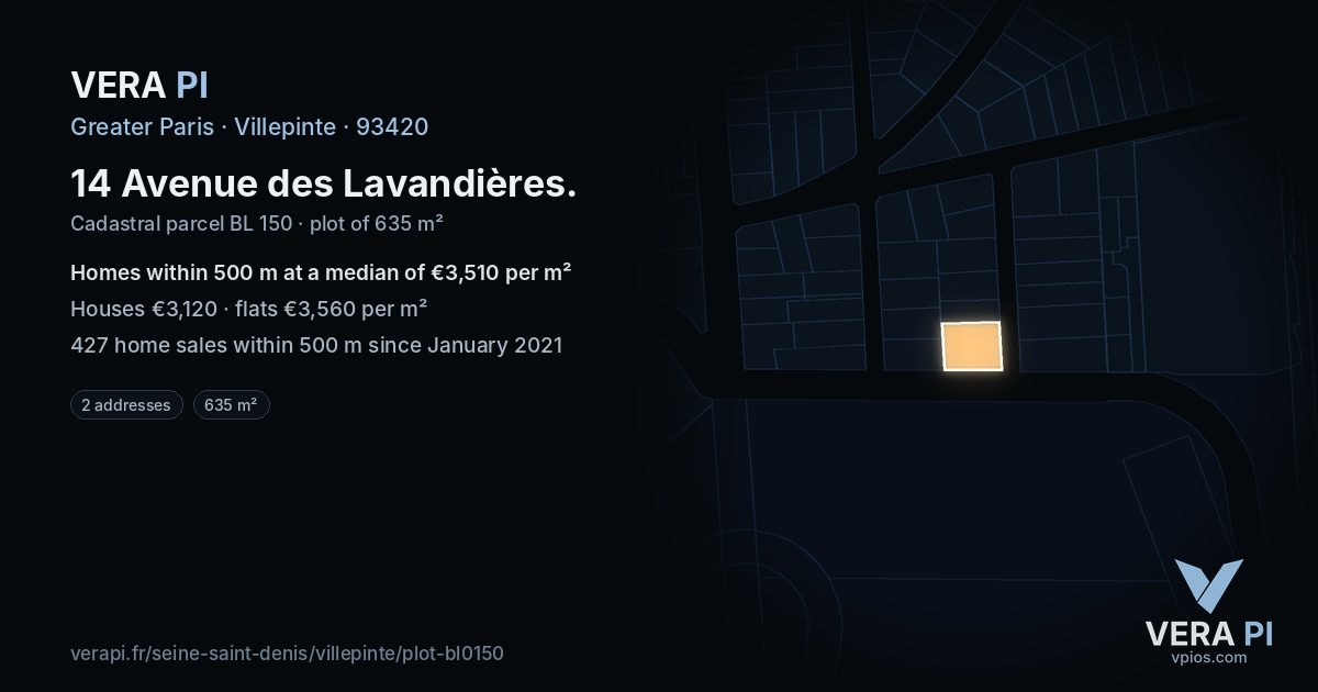 14 Avenue des Lavandières, Villepinte at night – the plot lit, the parcels around coloured by the prices near them