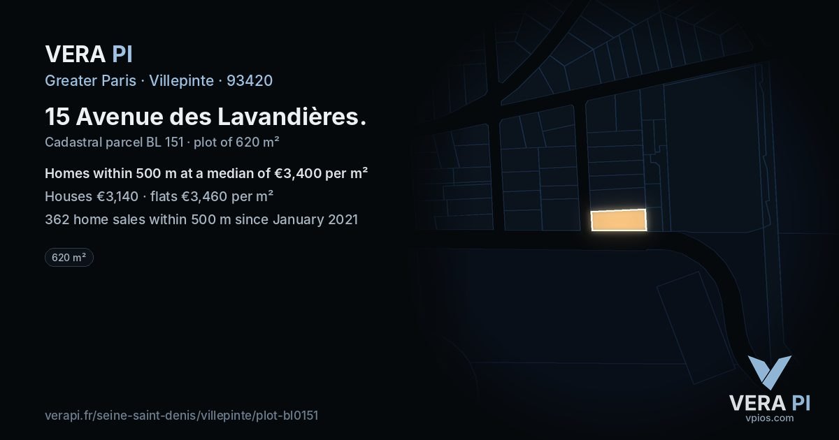 15 Avenue des Lavandières, Villepinte at night – the plot lit, the parcels around coloured by the prices near them