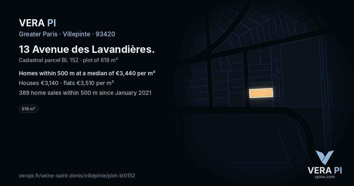 13 Avenue des Lavandières, Villepinte at night – the plot lit, the parcels around coloured by the prices near them