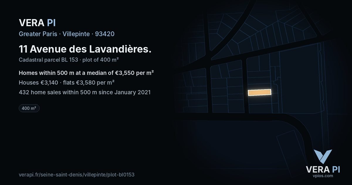 11 Avenue des Lavandières, Villepinte at night – the plot lit, the parcels around coloured by the prices near them