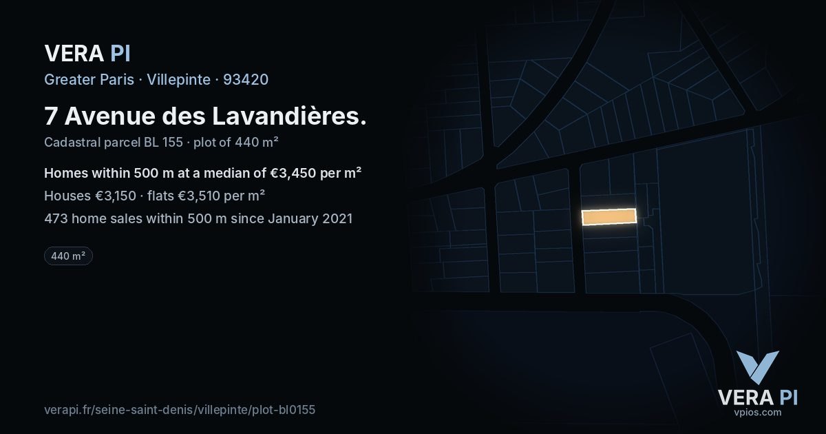 7 Avenue des Lavandières, Villepinte at night – the plot lit, the parcels around coloured by the prices near them