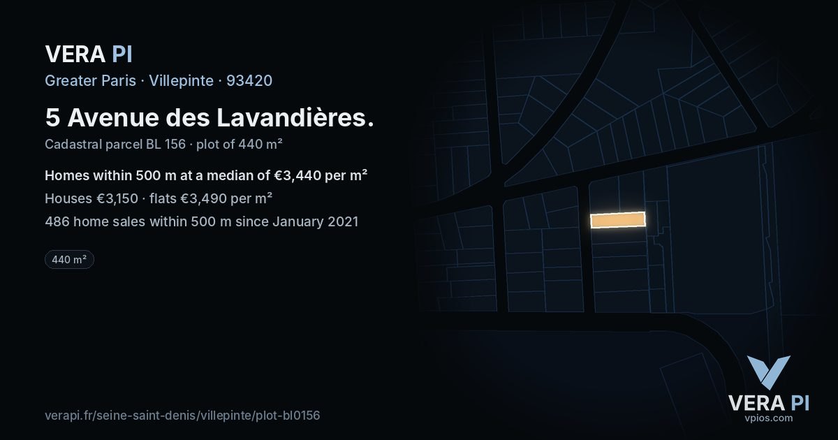 5 Avenue des Lavandières, Villepinte at night – the plot lit, the parcels around coloured by the prices near them