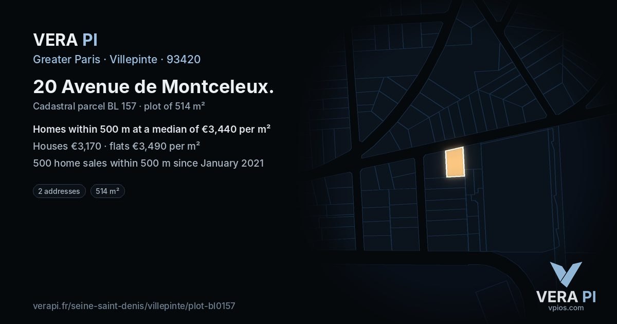 20 Avenue de Montceleux, Villepinte at night – the plot lit, the parcels around coloured by the prices near them