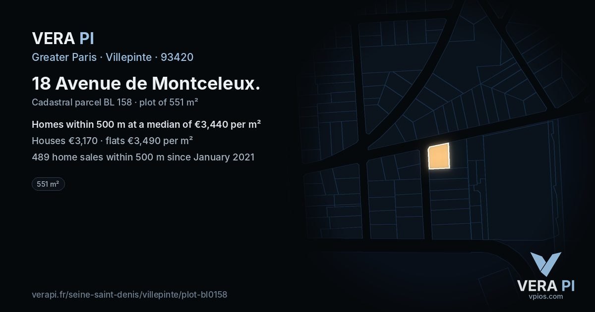 18 Avenue de Montceleux, Villepinte at night – the plot lit, the parcels around coloured by the prices near them