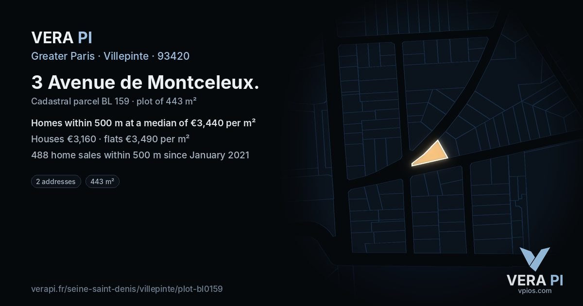 3 Avenue de Montceleux, Villepinte at night – the plot lit, the parcels around coloured by the prices near them