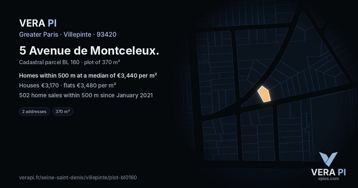 5 Avenue de Montceleux, Villepinte at night – the plot lit, the parcels around coloured by the prices near them