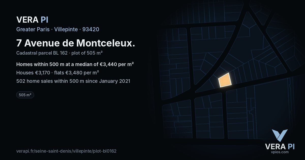 7 Avenue de Montceleux, Villepinte at night – the plot lit, the parcels around coloured by the prices near them