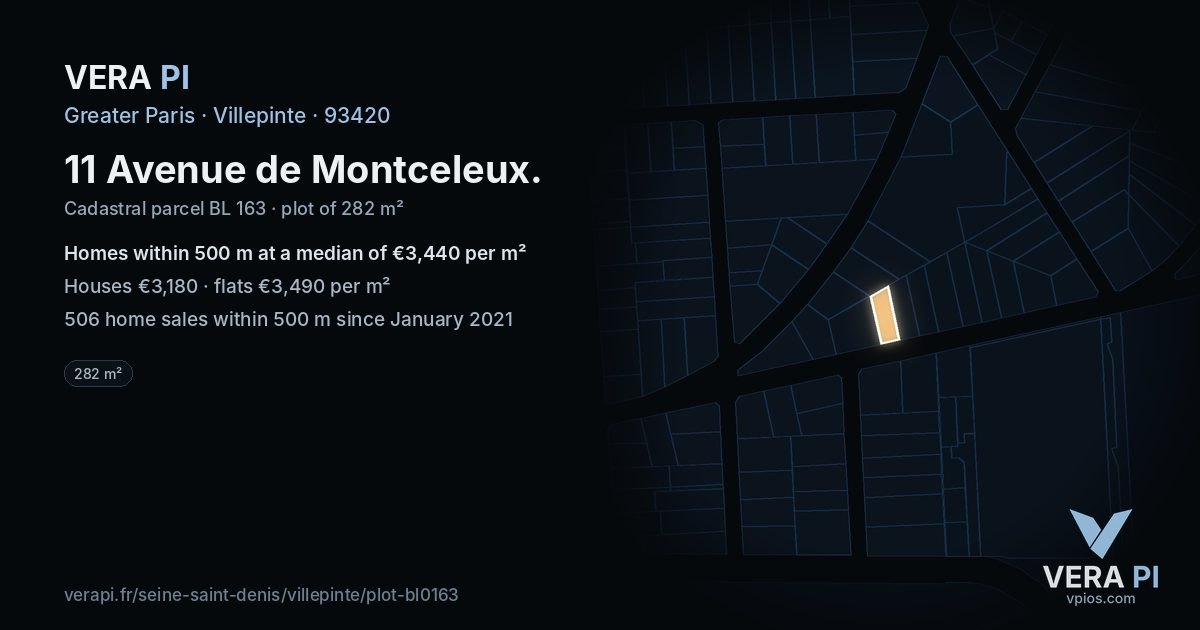 11 Avenue de Montceleux, Villepinte at night – the plot lit, the parcels around coloured by the prices near them
