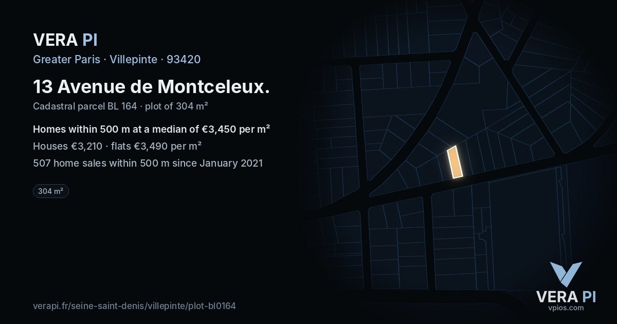 13 Avenue de Montceleux, Villepinte at night – the plot lit, the parcels around coloured by the prices near them