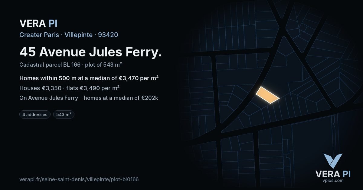 45 Avenue Jules Ferry, Villepinte at night – the plot lit, the parcels around coloured by the prices near them